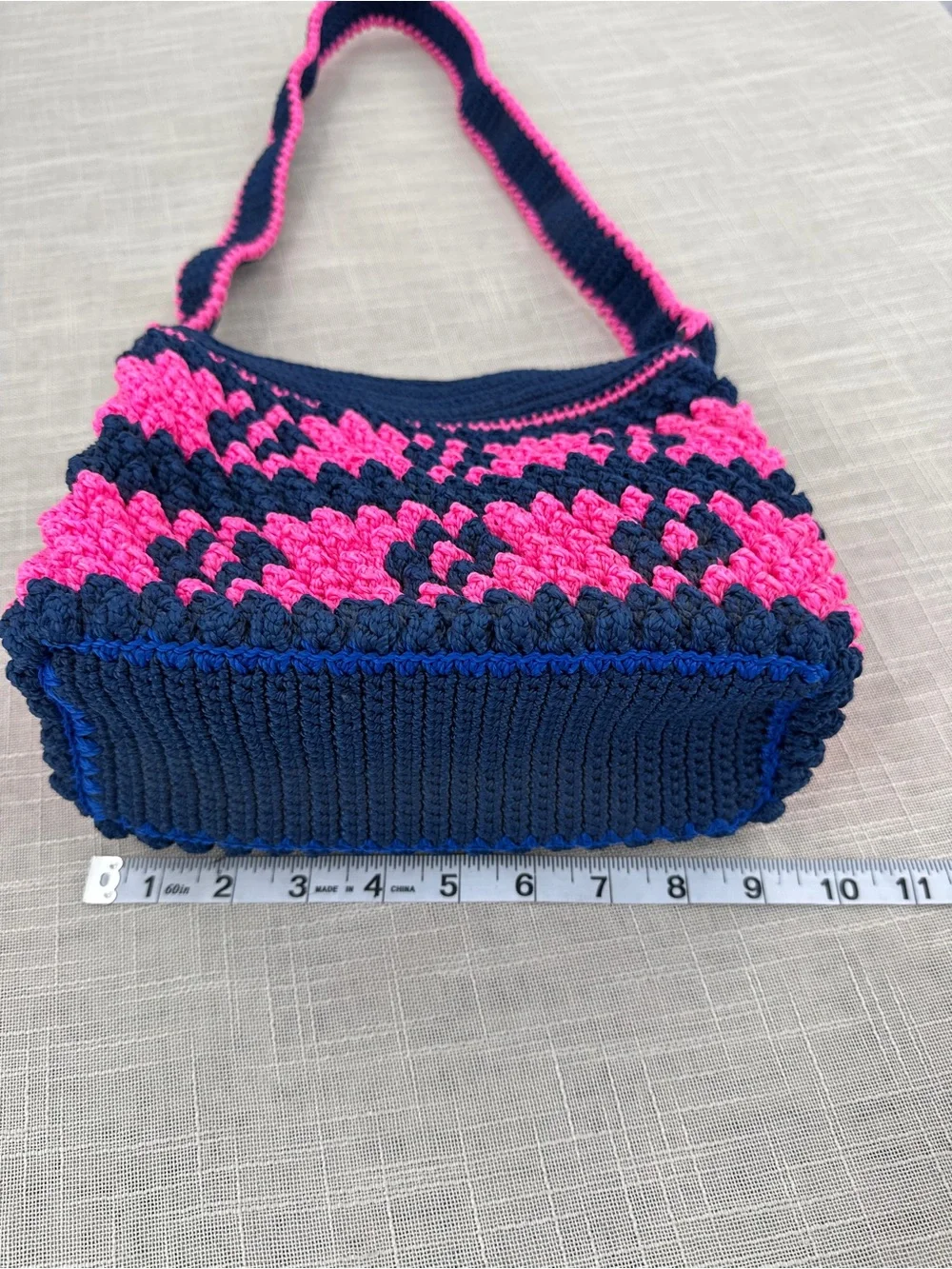 Vintage Knitility Crochet Shoulder Bag Hot Pink Navy Structured Purse